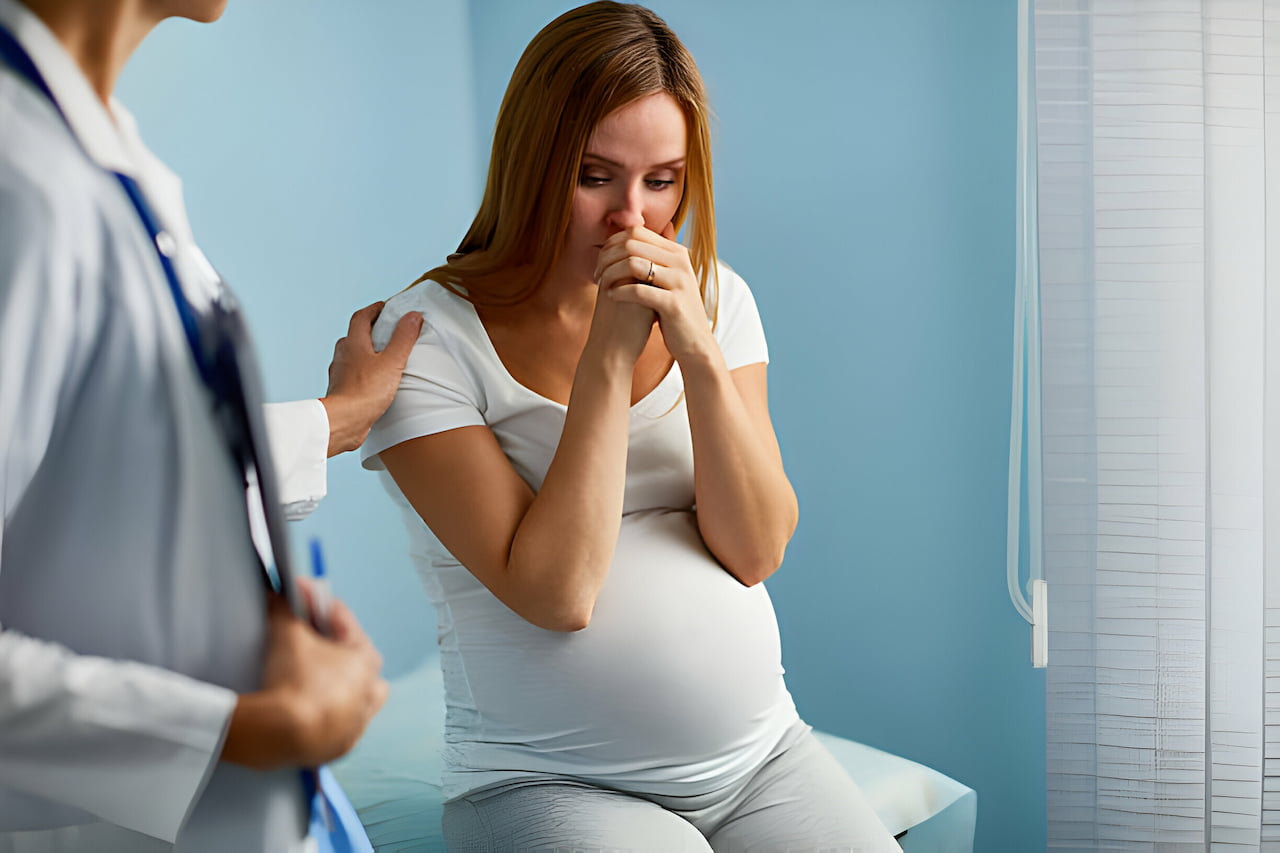 femme enceinte stressée devant un docteur